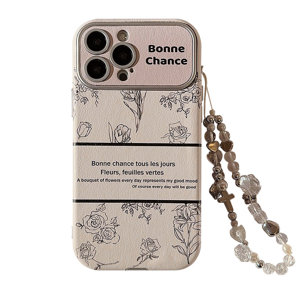 Funda de cuero con diseño de flor de rosa para iPhone 16 Apple 15, funda para móvil 13promax, estilo 17, con cordón de cristal 12