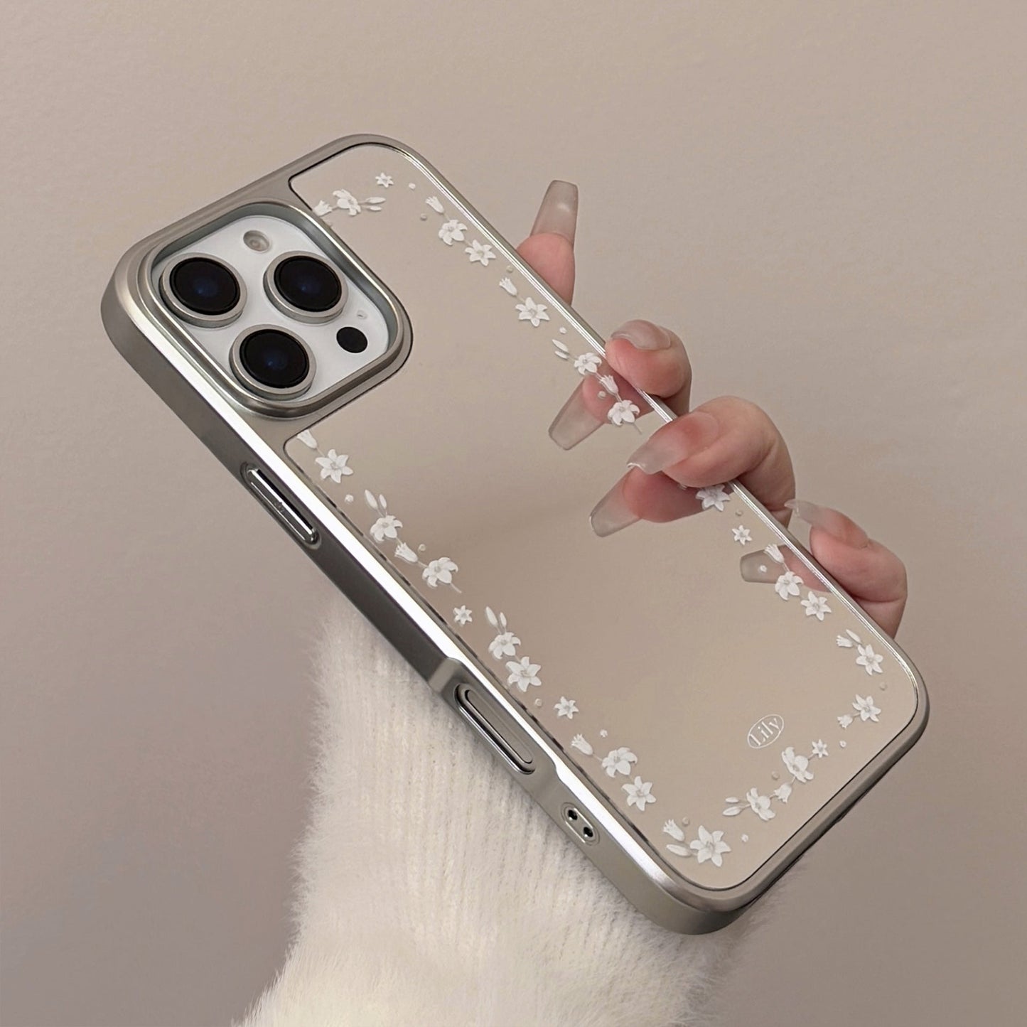 Borde plateado galvanizado para funda de móvil iPhone 15 Pro Max de 16, flor de lirio literaria 13, espejo duro.