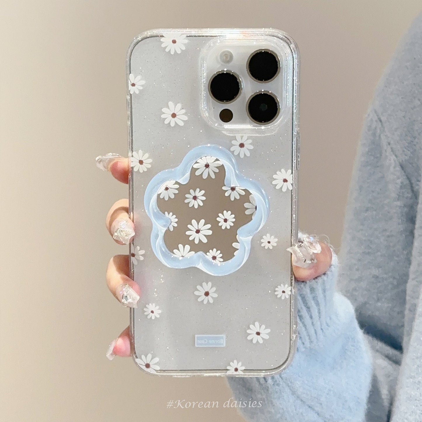 Funda de móvil 16promax de Apple con espejo de flores, 17 para iPhone15 con purpurina 13, azul fresco pequeño