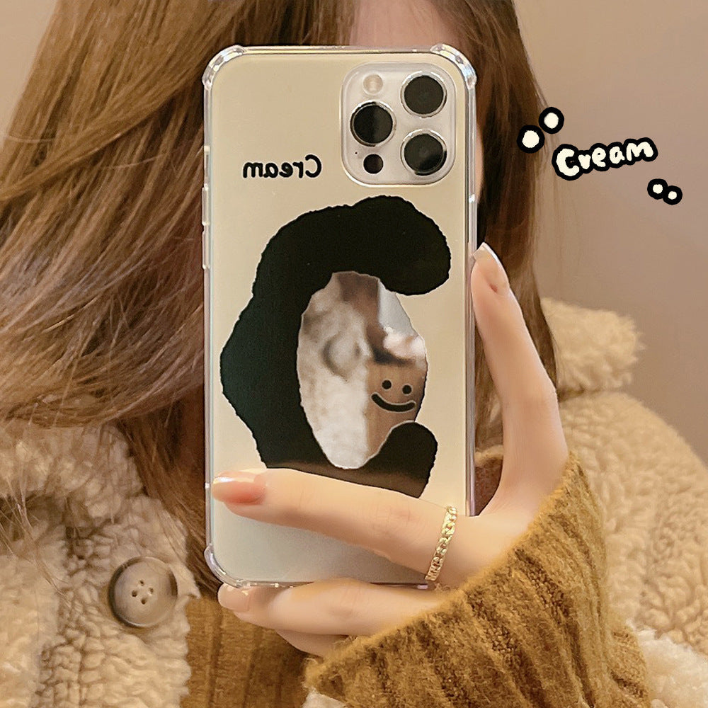 ins cream smiley face applies to 17pro max apple iphone15 mobile phone case 11 makeup mirror 16 anti-drop 14 hard