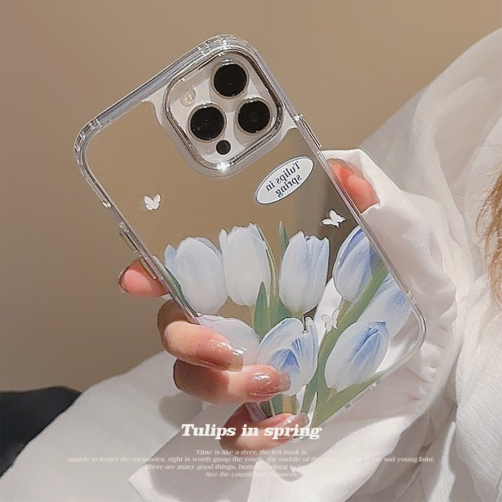 Funda de teléfono móvil tulipán azul suave iphone16 para 17promax apple 15 con espejo de maquillaje de flores 11 rígido