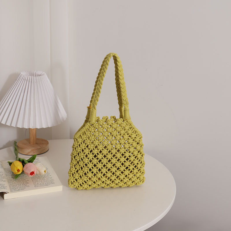 Hollow Out Cutout Cotton Thread Woven Bag Summer Cotton String Women Bag Portable Solid Color Straw Bag Vacation Beach Bag