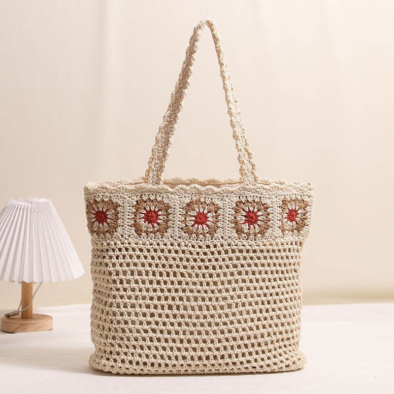 Single Shoulder Cotton Thread Woven Bag Floral Cutout Straw Bag Seaside Vacation Beach Bag