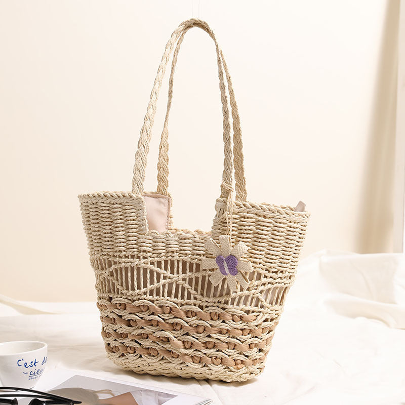 One Shoulder Hollow Out Cutout out Straw Bag Floral Contrast Color Woven Bag Vacation Beach Bag Women Bag