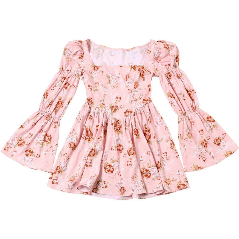Floral Printed Pleated Long Bell Sleeve Short Dress
