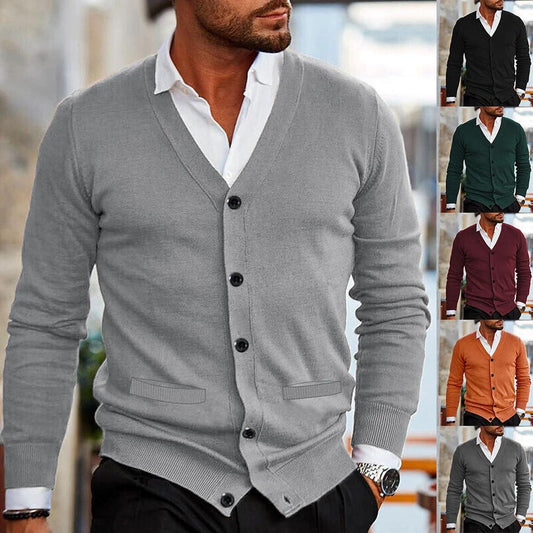 Suéter cárdigan slim de punto con bolsillo de doble cara, escote en V y manga larga para hombre
