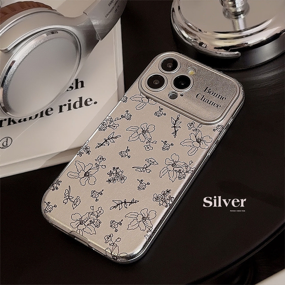 Funda para móvil iPhone 16 con dibujo de flor, iPhone 15, 13 Pro Max, de cuero plateado, 17 con sensación prémium, 12 coreana.