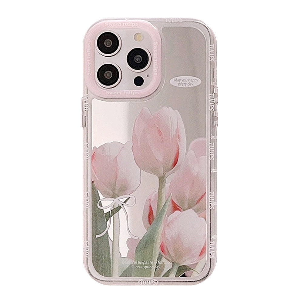 Espejo adecuado para funda de móvil Apple 15 16ProMax iPhone17 tulipán rosa y blanco 12 pequeño fresco 11 anticaída
