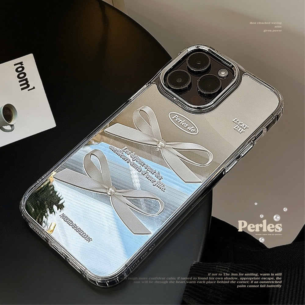 Superficie de espejo adecuada para funda de teléfono Apple 16Pro Max con lazo de perlas tridimensional para iPhone 15 con temperamento, antidaño 13, antidaño 17