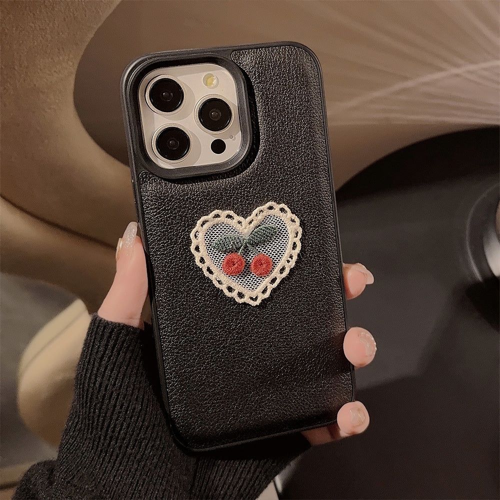 Funda para móvil Apple 15, bordado de cerezas, iPhone 16 Pro Max de cuero, 11, temperamento, 13, anticaída, 17