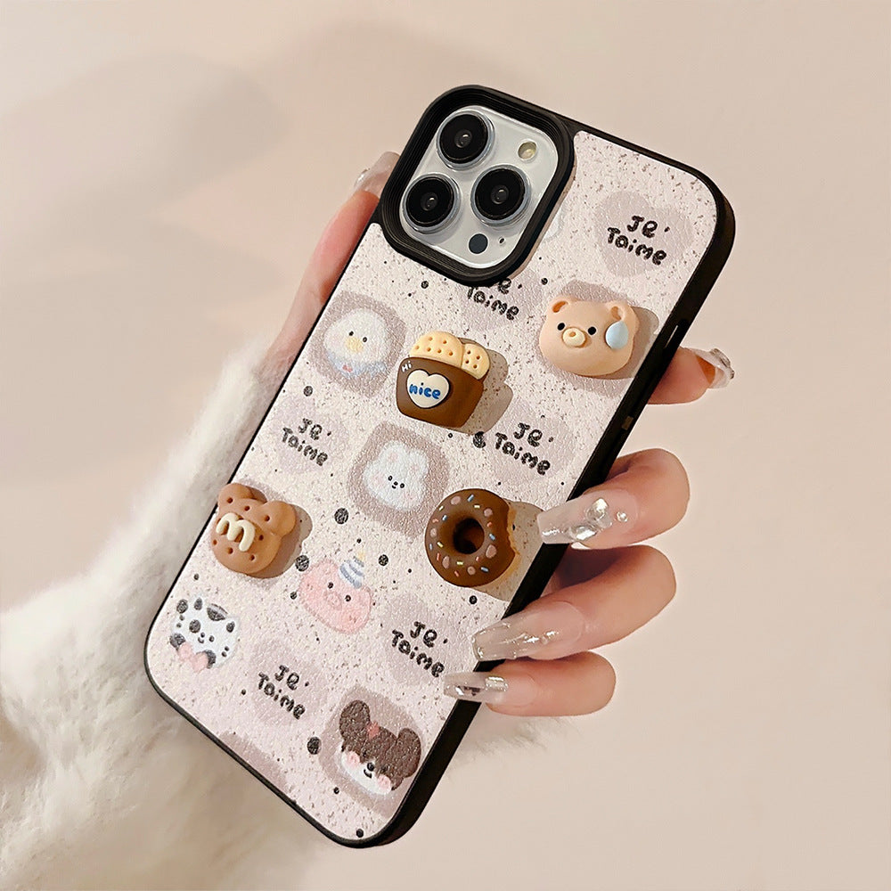 Funda de móvil linda de oso Apple 16, patrón de cuero 17promax 15, adecuada para iPhone 13, galletas tridimensionales 11 otoño