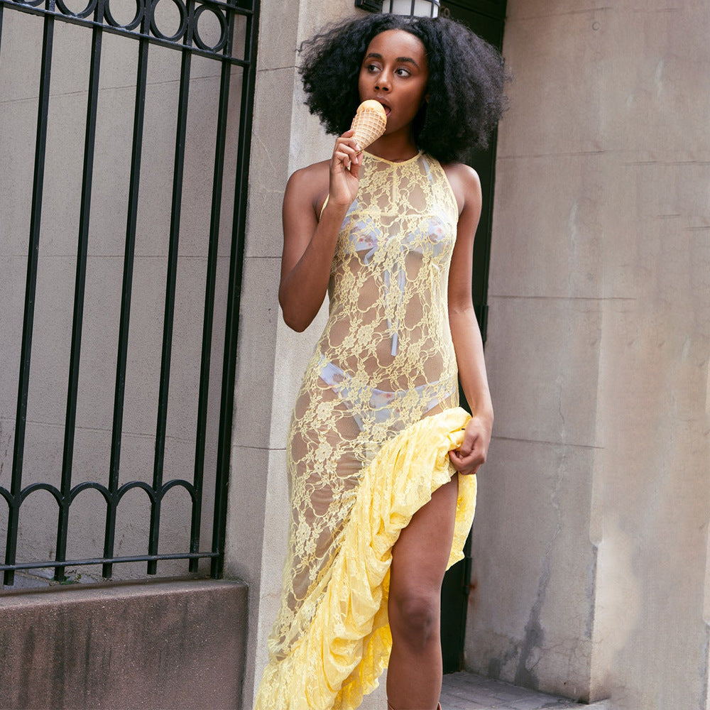 Sleeveless round Neck Dress Summer Sexy Lace See through Irregular Asymmetric Maxi Dress Women