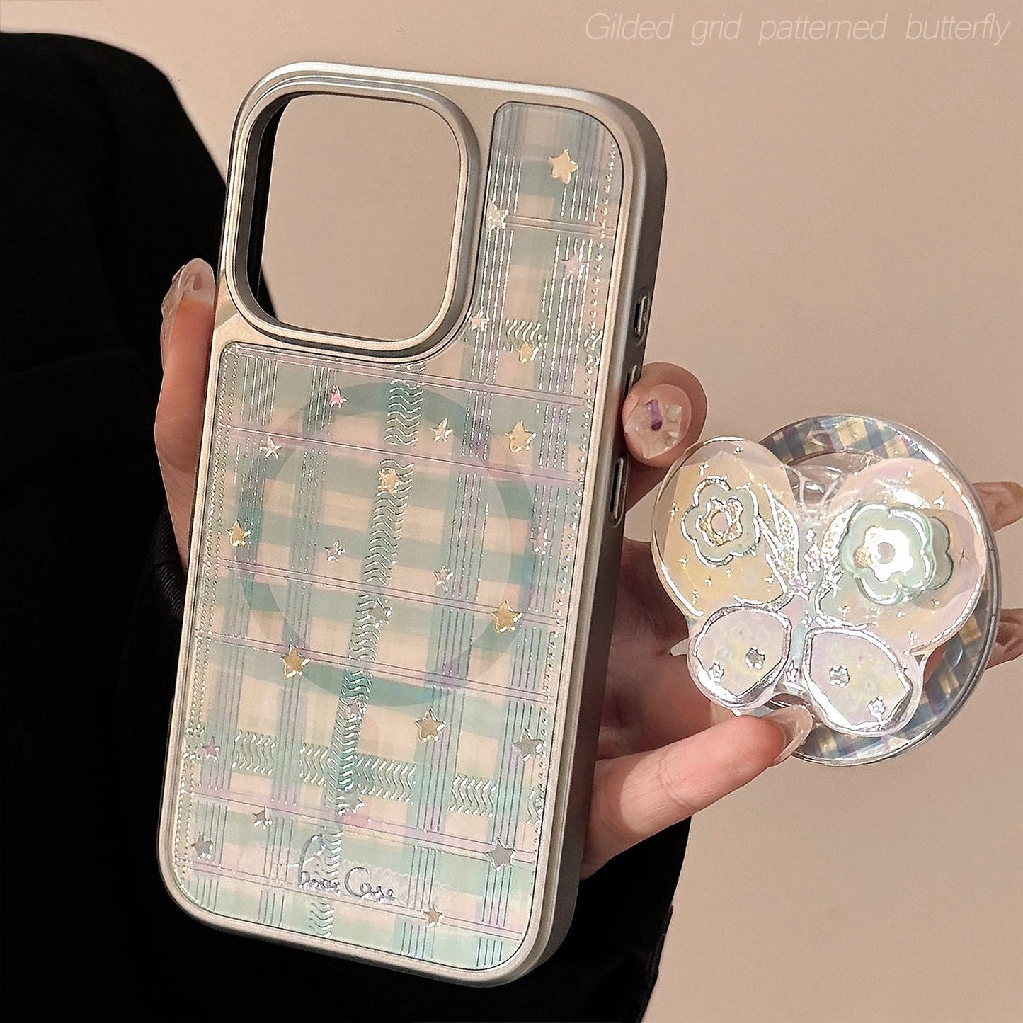 Gilt applicable iphone15 apple 16promax mobile phone case rotating bow magnetic suction bracket 14 plaid 17