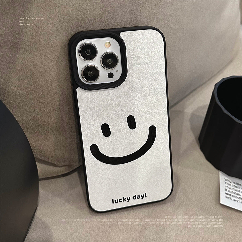 Funda de teléfono Apple con cara sonriente de cura mínima 17promax patrón de cuero 11 adecuada para iPhone16 sentido avanzado 15 anti-caída