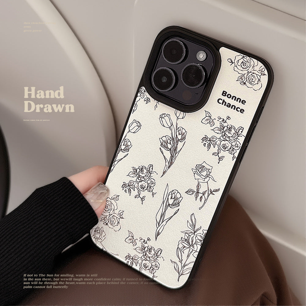 Funda de piel de cordero para iPhone 15 17promax Rosa Camelia 11 para iPhone 16 Art Premium 12