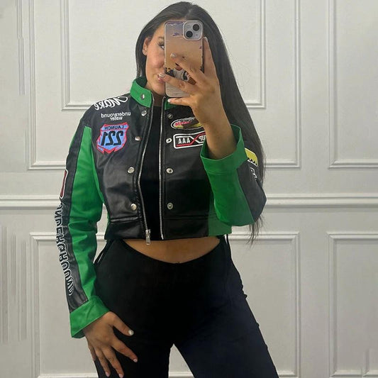 Abrigo estilo uniforme de béisbol de manga larga estampado corto para mujer