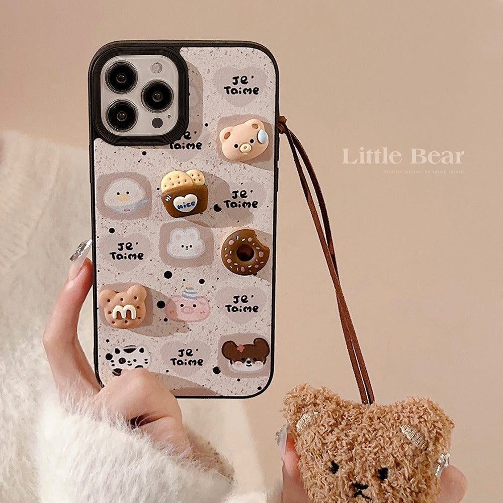 Funda de móvil linda de oso Apple 16, patrón de cuero 17promax 15, adecuada para iPhone 13, galletas tridimensionales 11 otoño