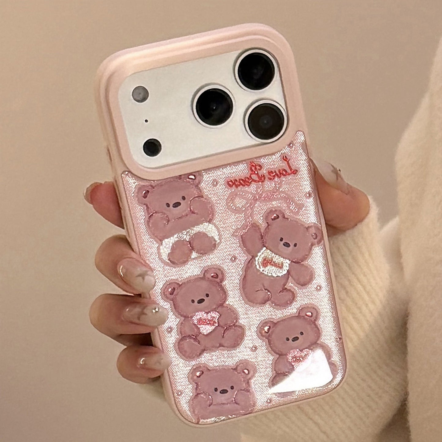 Gilt Apple 17promax mobile phone case 16 Epoxy 13 for iPhone15 pink bear doll Huawei Samsung