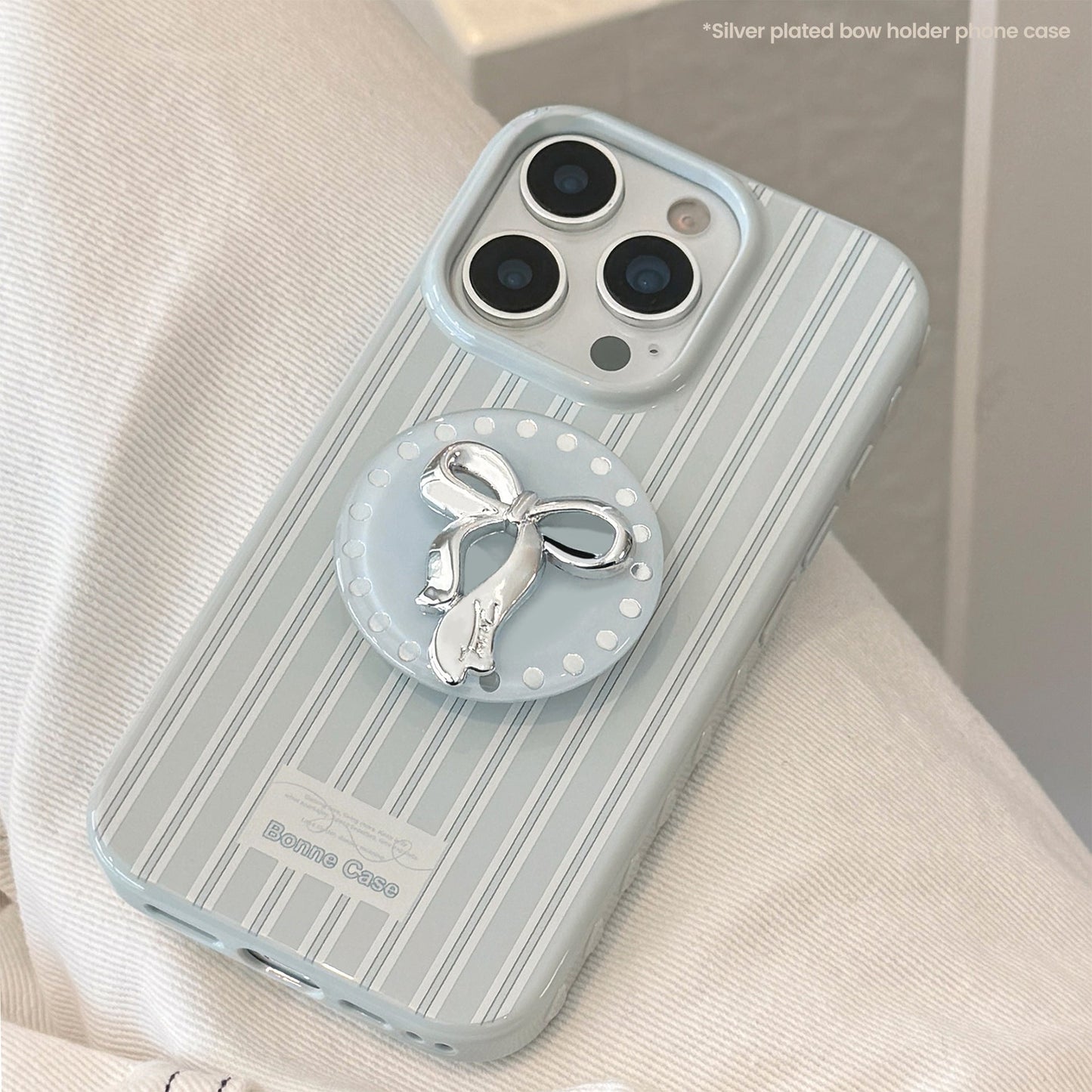 Silver bow holder Apple 16 mobile phone case iphone17 for 12 light luxury 15promax blue stripe 13 soft