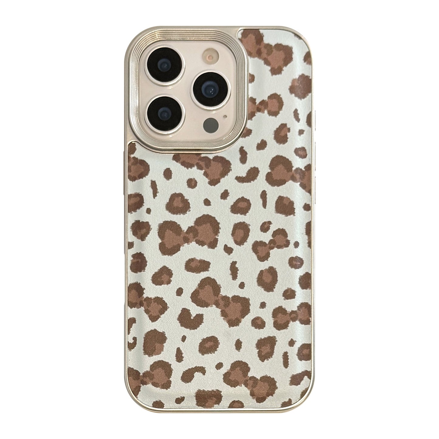 Funda rígida de cuero con lazo y estampado de leopardo vintage, borde plateado, para iPhone 17, 16promax, 15 y 13, 11