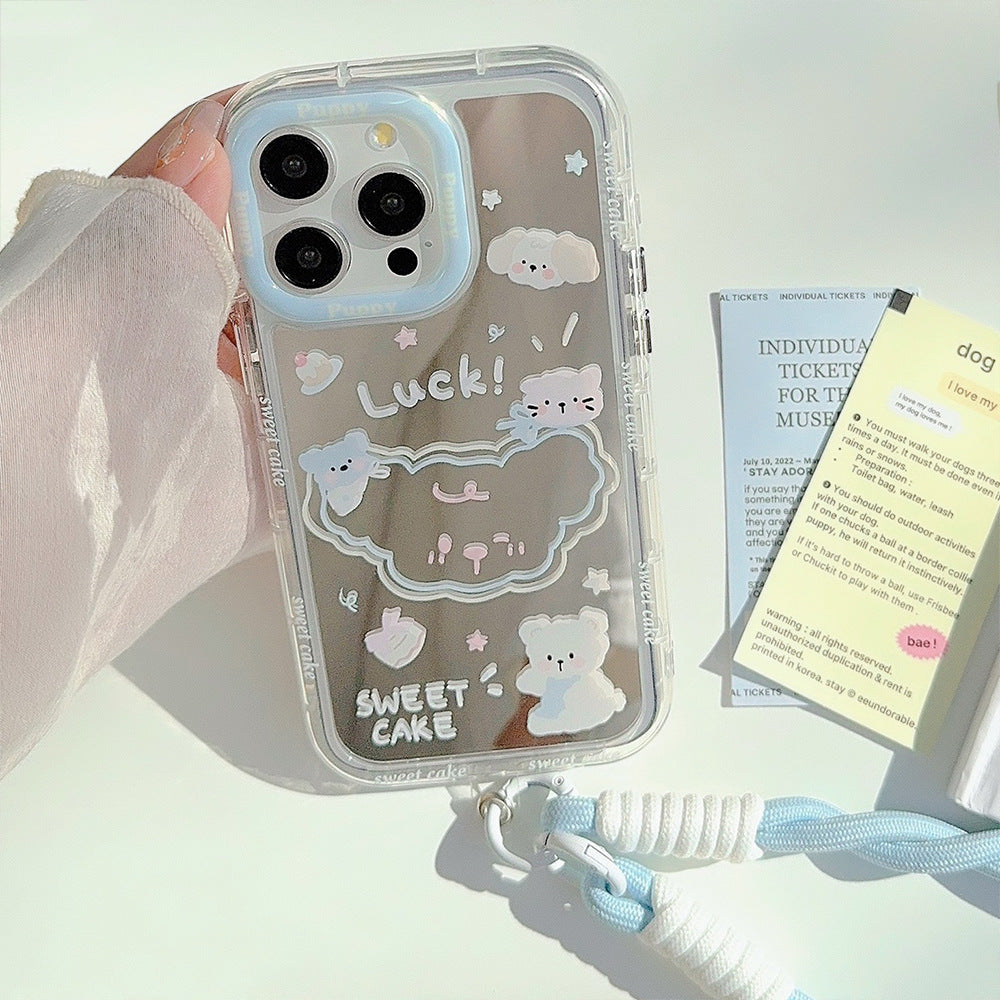 La funda de teléfono Apple 15, iPhone 17, de dibujos animados de 12ª generación con cuerda de mano, modelo de verano espejo cachorro, es adecuada para el 16ProMax.