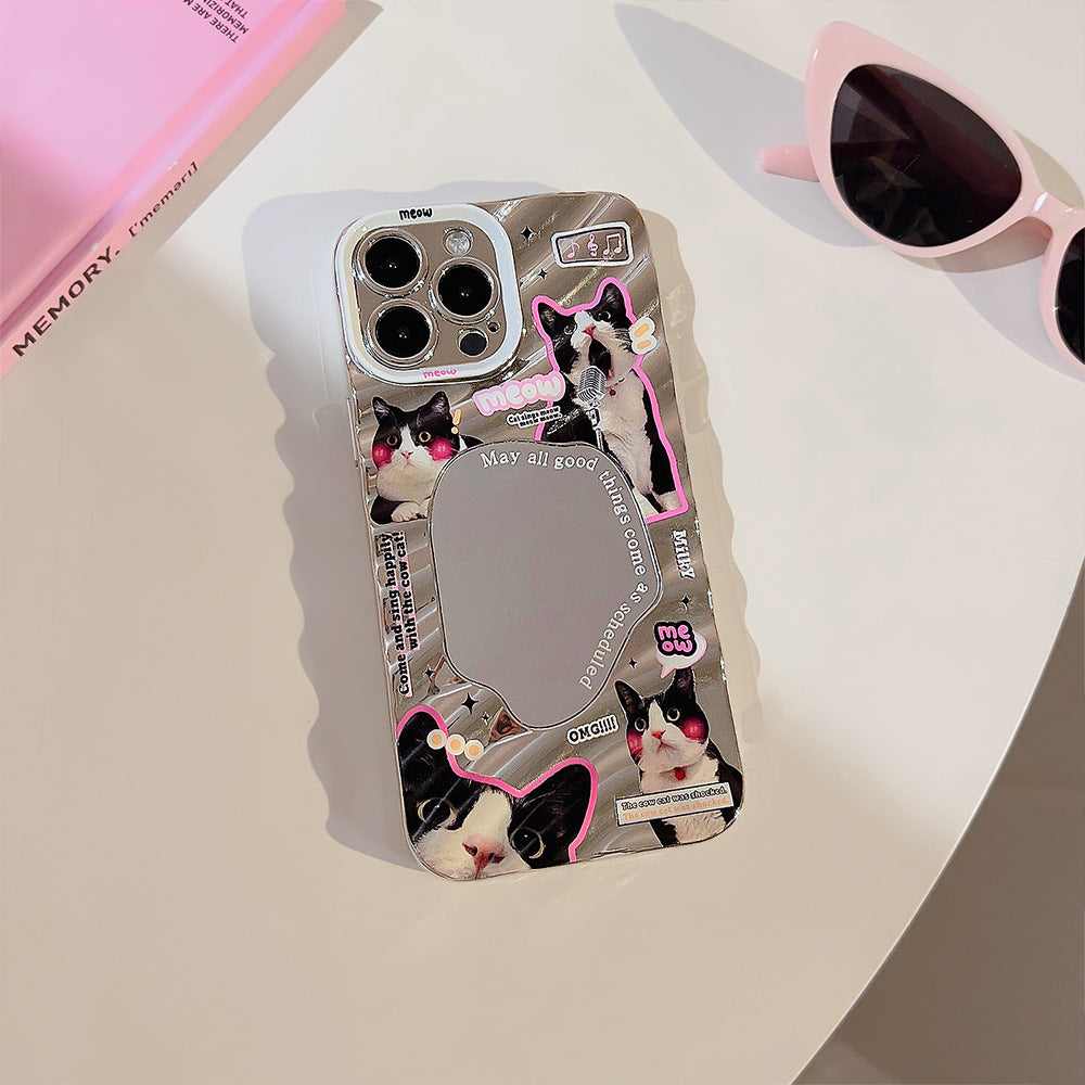 Divertida funda de móvil con gatito negro para iPhone 15, Apple 13, plateada galvanizada, espejo 17promax, carcasa rígida 16, 11