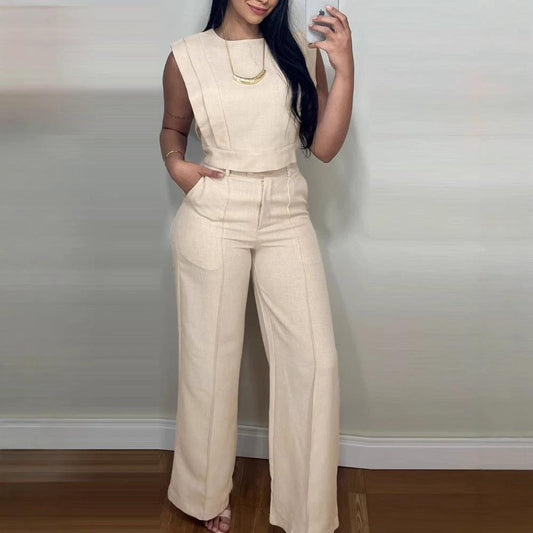 Traje de verano sin mangas, a la moda, con top tipo chaleco de cuello redondo y pantalones rectos con bolsillos. Conjunto casual de pantalones para ropa de mujer.