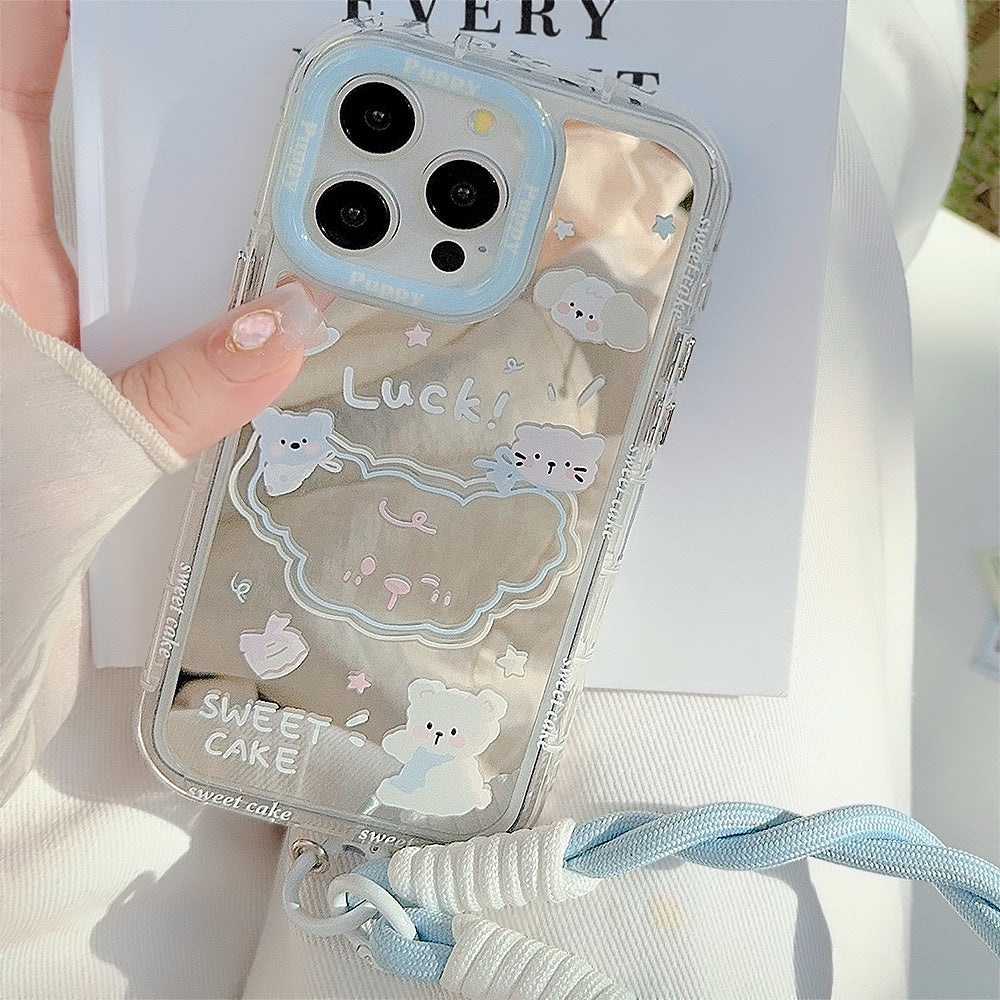 La funda de teléfono Apple 15, iPhone 17, de dibujos animados de 12ª generación con cuerda de mano, modelo de verano espejo cachorro, es adecuada para el 16ProMax.