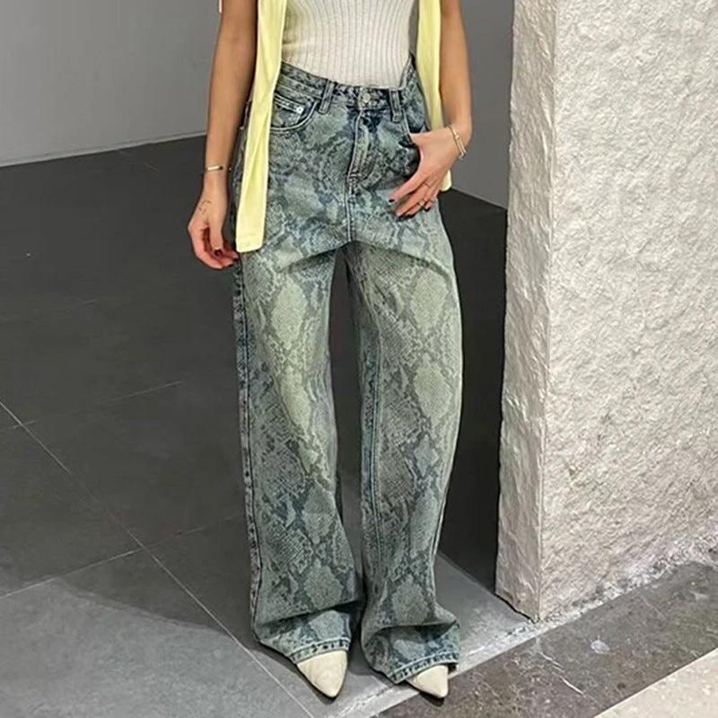 Women's American Style Spliced Snake Pattern Straight Leg Jeans