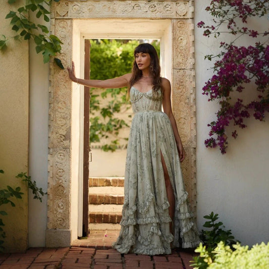 Vestido francés halter con volantes y abertura delantera