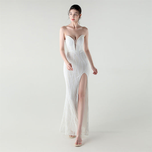 Boning Corset Waist Tight Heavy Industry Beads Heart Shaped Collar Sequined Evening Dress Luxury Cocktail Evening Dress