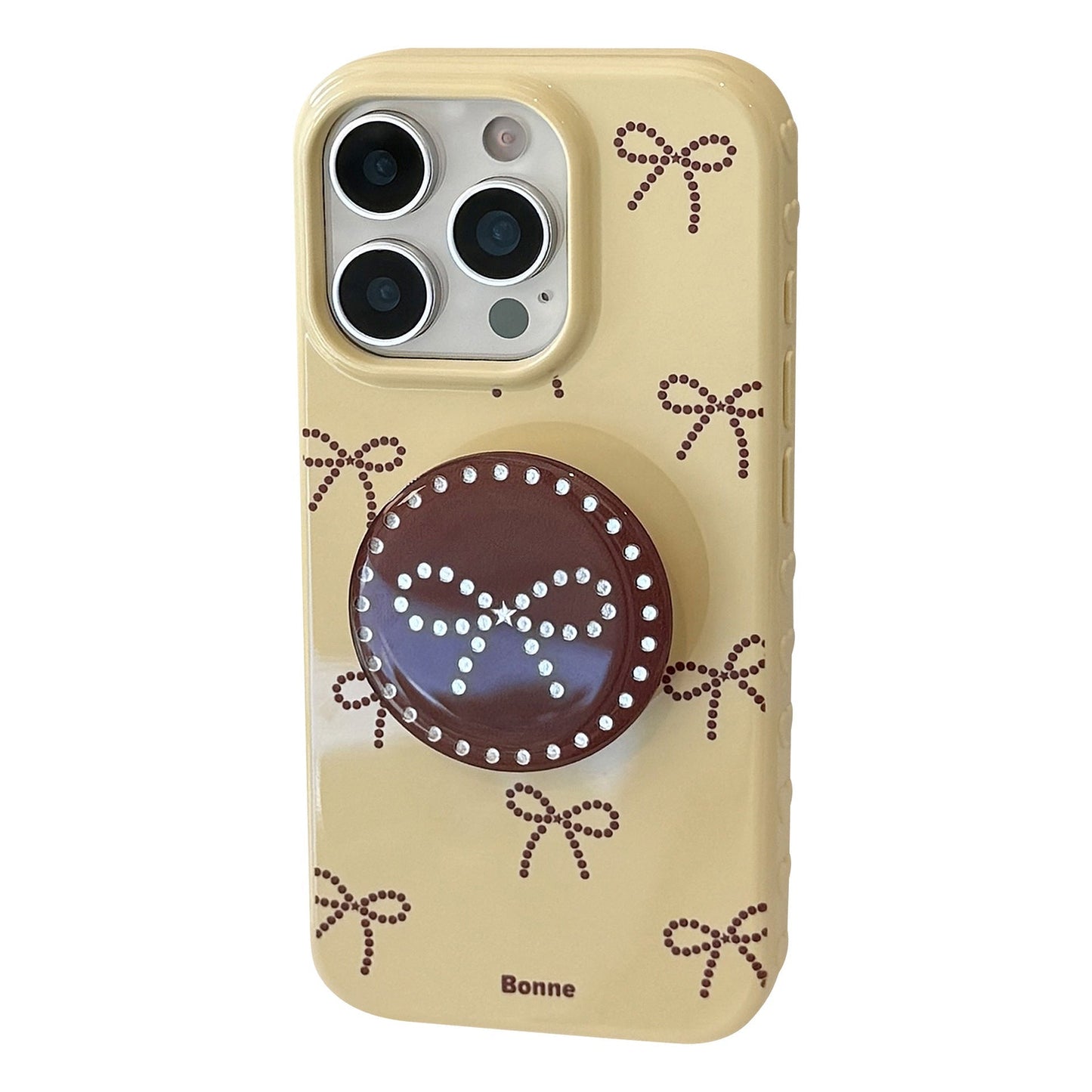 Soporte de lazo de lunares dorados, funda para móvil Apple 17 iphone16promax, apta para 14 personalidades 16 todo incluido.