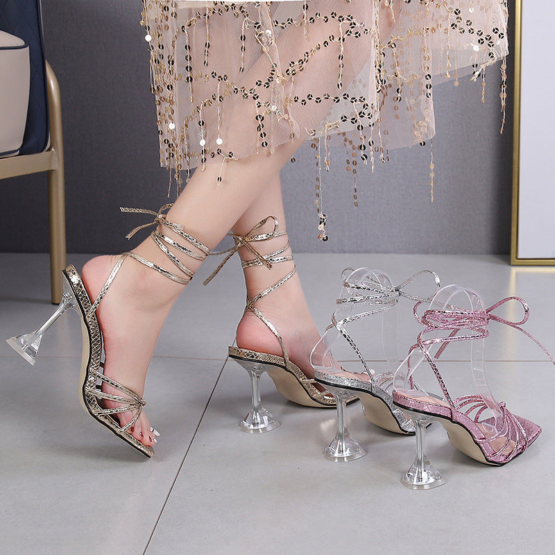 Wine Cup Heel Summer Strap Sandals Thin Cross Straps High Heel Roman Shoes