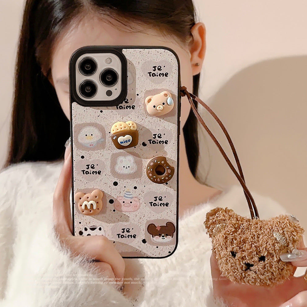 Funda de móvil linda de oso Apple 16, patrón de cuero 17promax 15, adecuada para iPhone 13, galletas tridimensionales 11 otoño