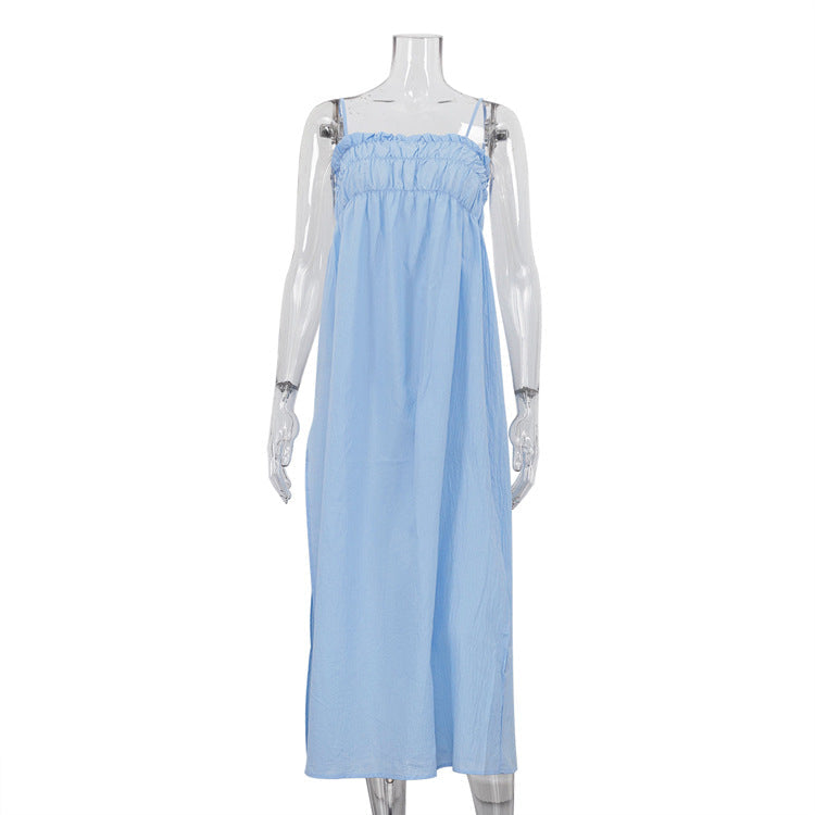 Sexy Backless Sleeveless Suspender Dress Fold Split Blue off Neck Tube Top Dress Women