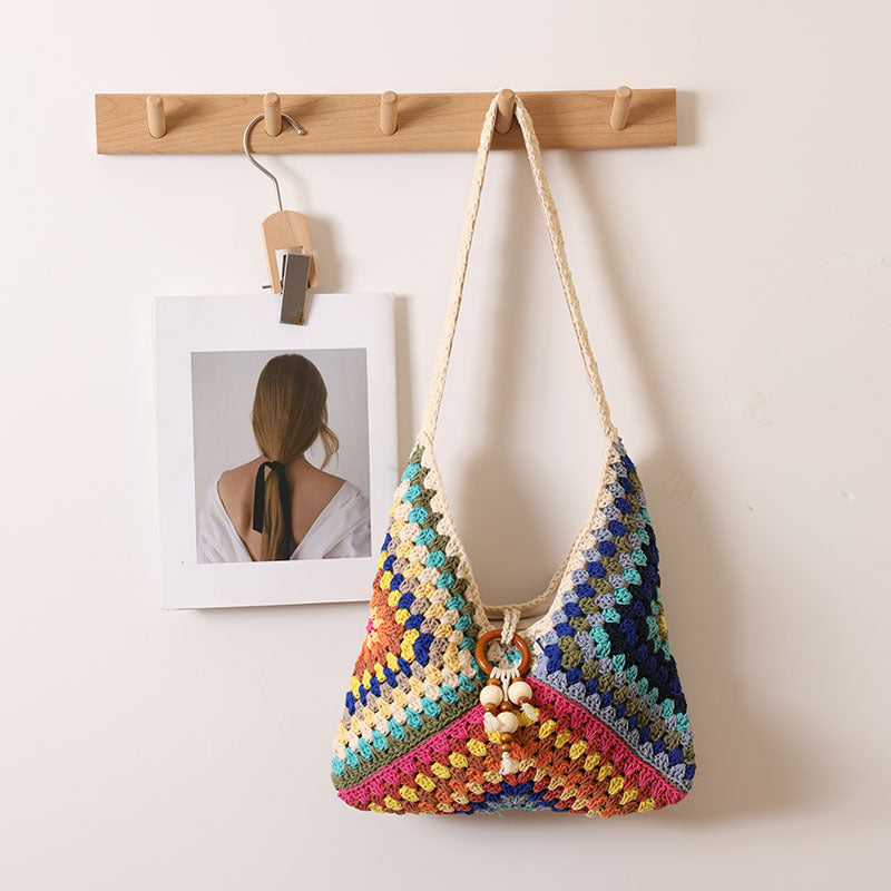 Ethnic Single Shoulder Cotton Thread Woven Bag Color Grandmother Grid Straw Bag Vacation Beach Bag Women Bag