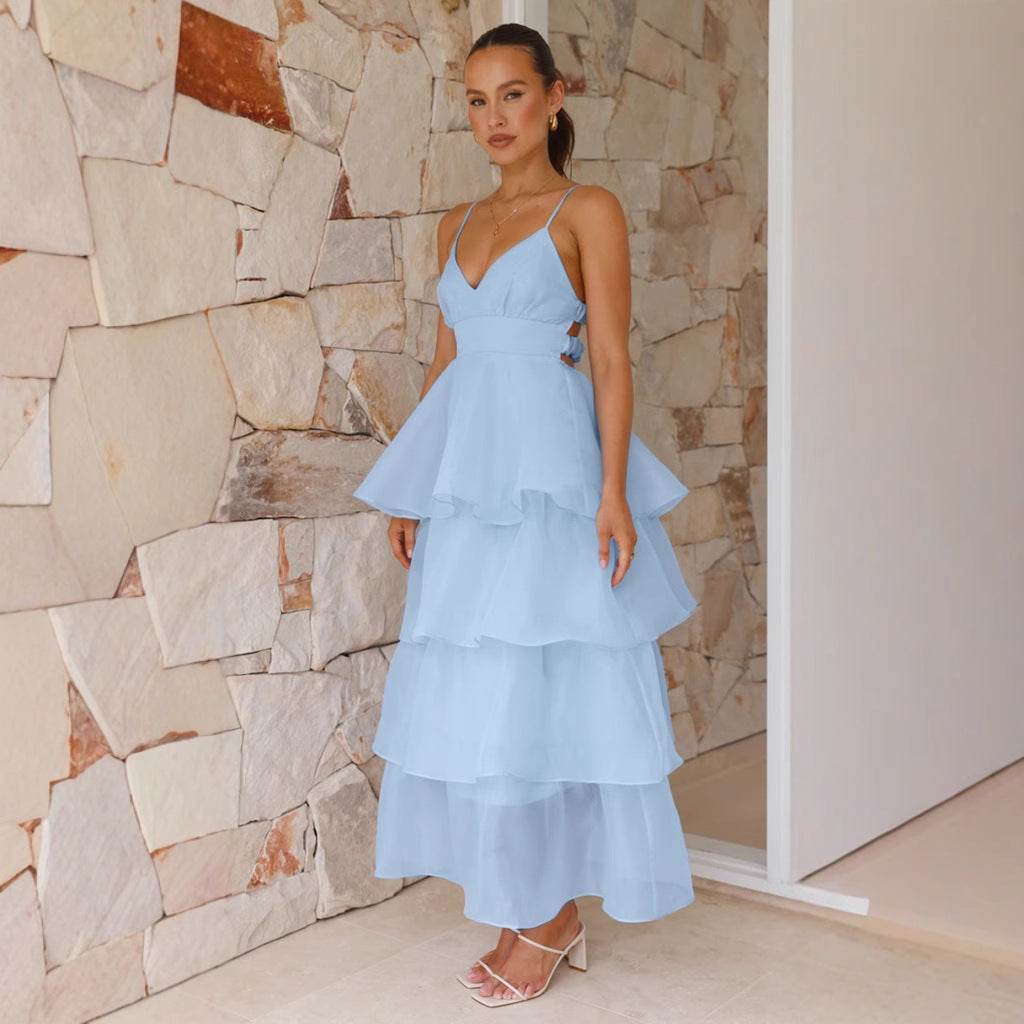 Sexy Backless Spaghetti Straps Cake Pleated Lace up Evening Party Dress Slim Fit Dress Women