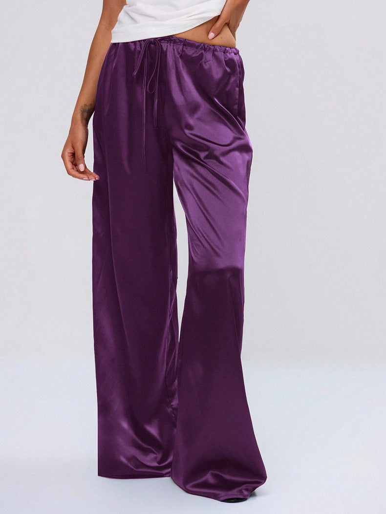 Women Clothing Trendy Autumn Satin Satin Casual Pants Loose Wide Leg Drawstring Long Pants
