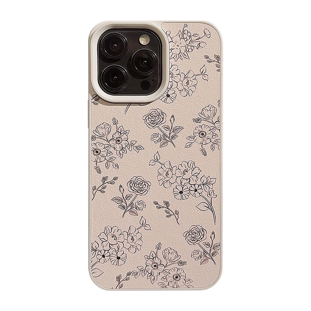 Literary lines rose iPhone16 mobile phone case Apple 15 leather 11 suitable for 13 anti-drop 17promax big brands