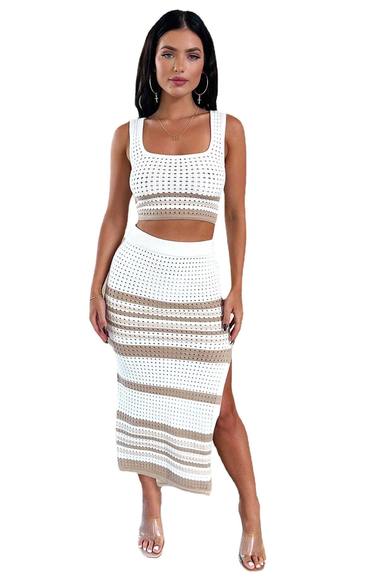 Summer New Sleeveless Vest Sexy Slit Striped Skirt Knitting Suit