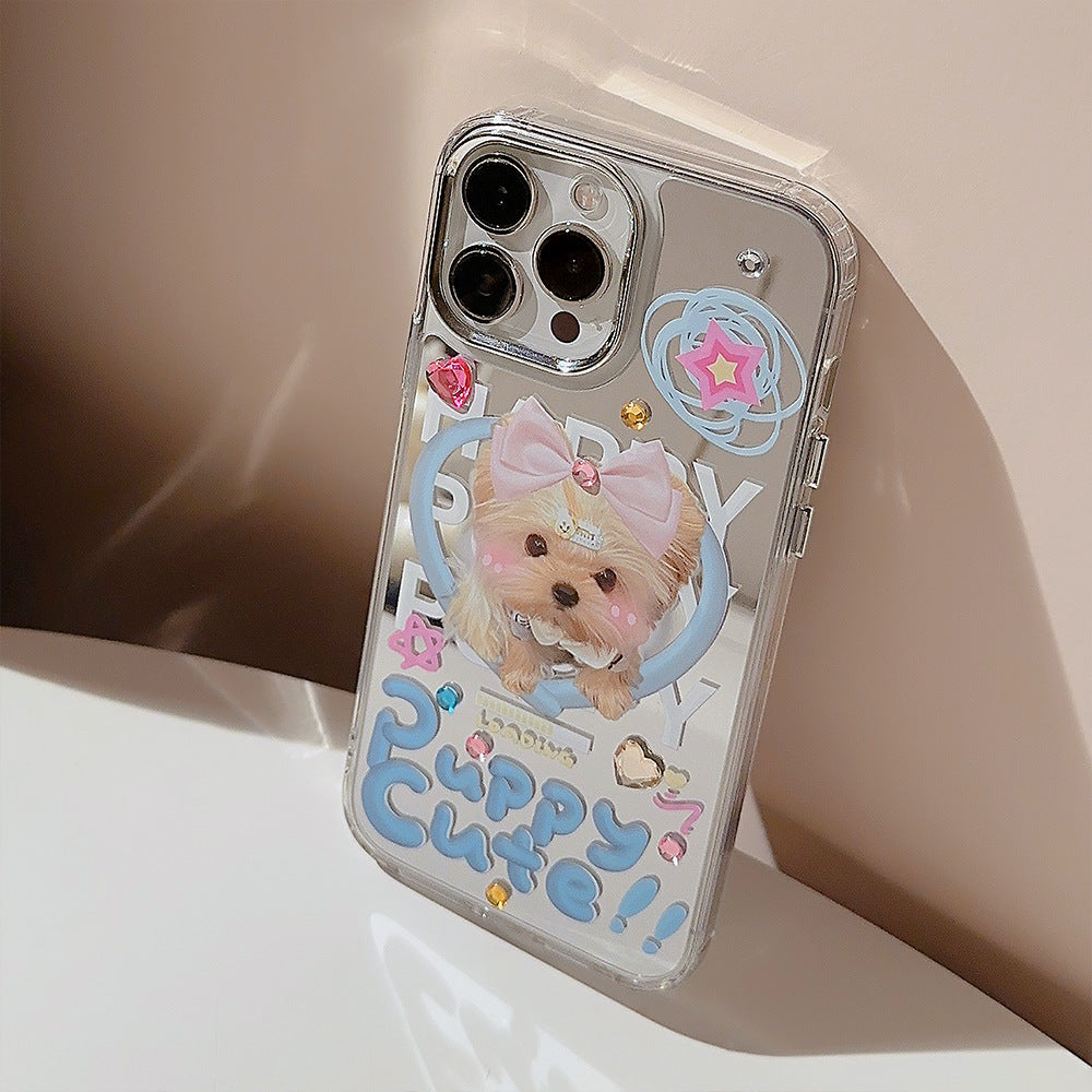 Funda para iPhone Dopamine puppy 17promax para iPhone 16 linda 13 espejo de maquillaje 15 calcomanía diamante