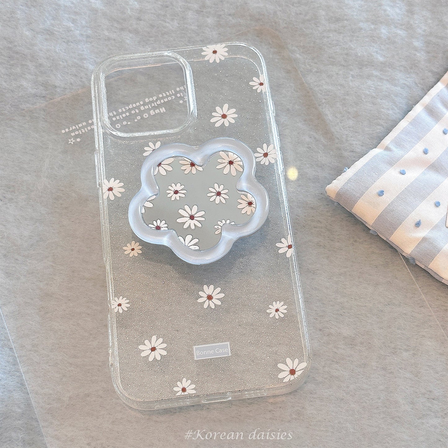 Funda de móvil 16promax de Apple con espejo de flores, 17 para iPhone15 con purpurina 13, azul fresco pequeño