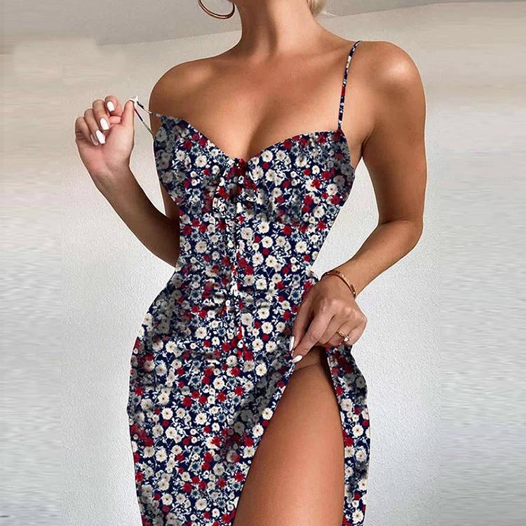 European And American Amazon New Women's Fashion Printed Self-tie Slit Sling Dress