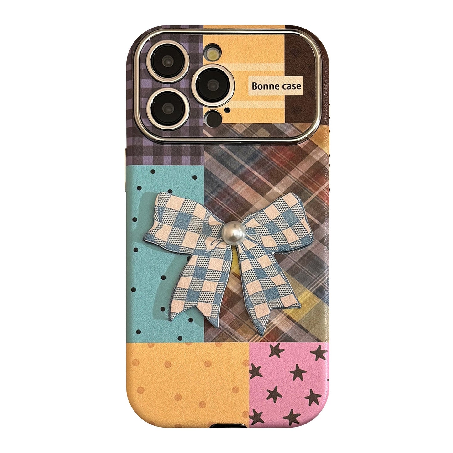Aplicable a la funda de iPhone 16 iPhone 17promax empalme a cuadros de color 15 lazo tridimensional 13 cuero