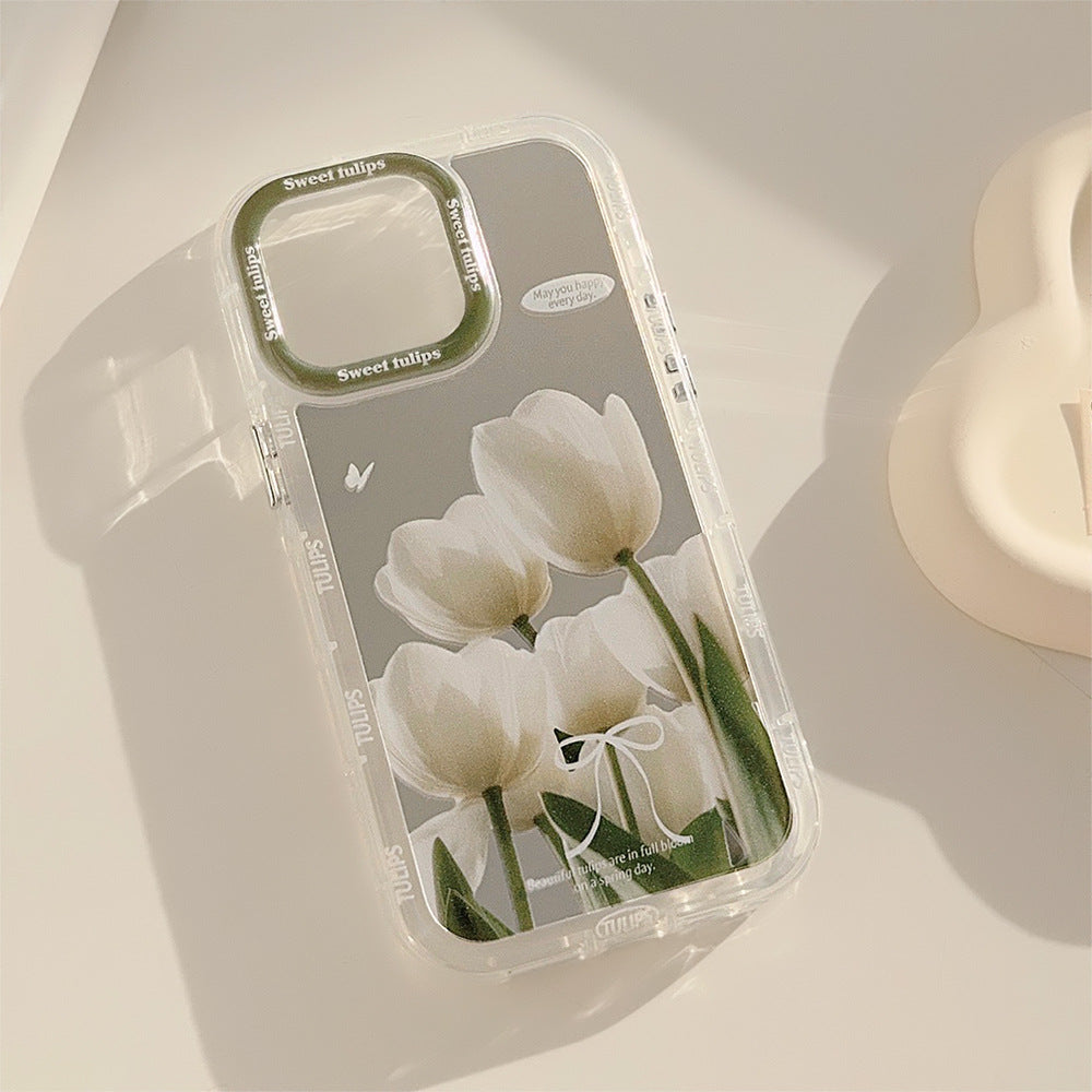 Espejo adecuado para funda de móvil Apple 15 16ProMax iPhone17 tulipán rosa y blanco 12 pequeño fresco 11 anticaída
