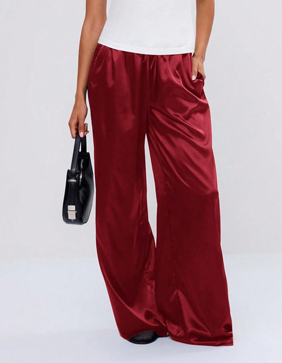 Women Clothing Trendy Autumn Satin Satin Casual Pants Loose Wide Leg Drawstring Long Pants