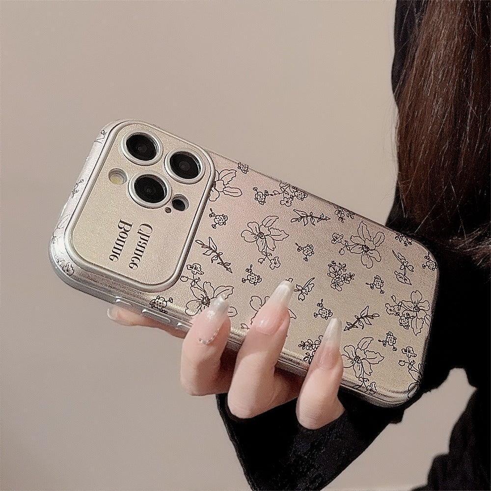 Funda para móvil iPhone 16 con dibujo de flor, iPhone 15, 13 Pro Max, de cuero plateado, 17 con sensación prémium, 12 coreana.