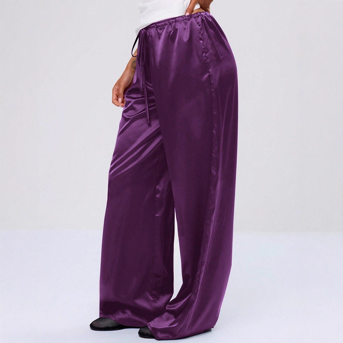 Women Clothing Trendy Autumn Satin Satin Casual Pants Loose Wide Leg Drawstring Long Pants
