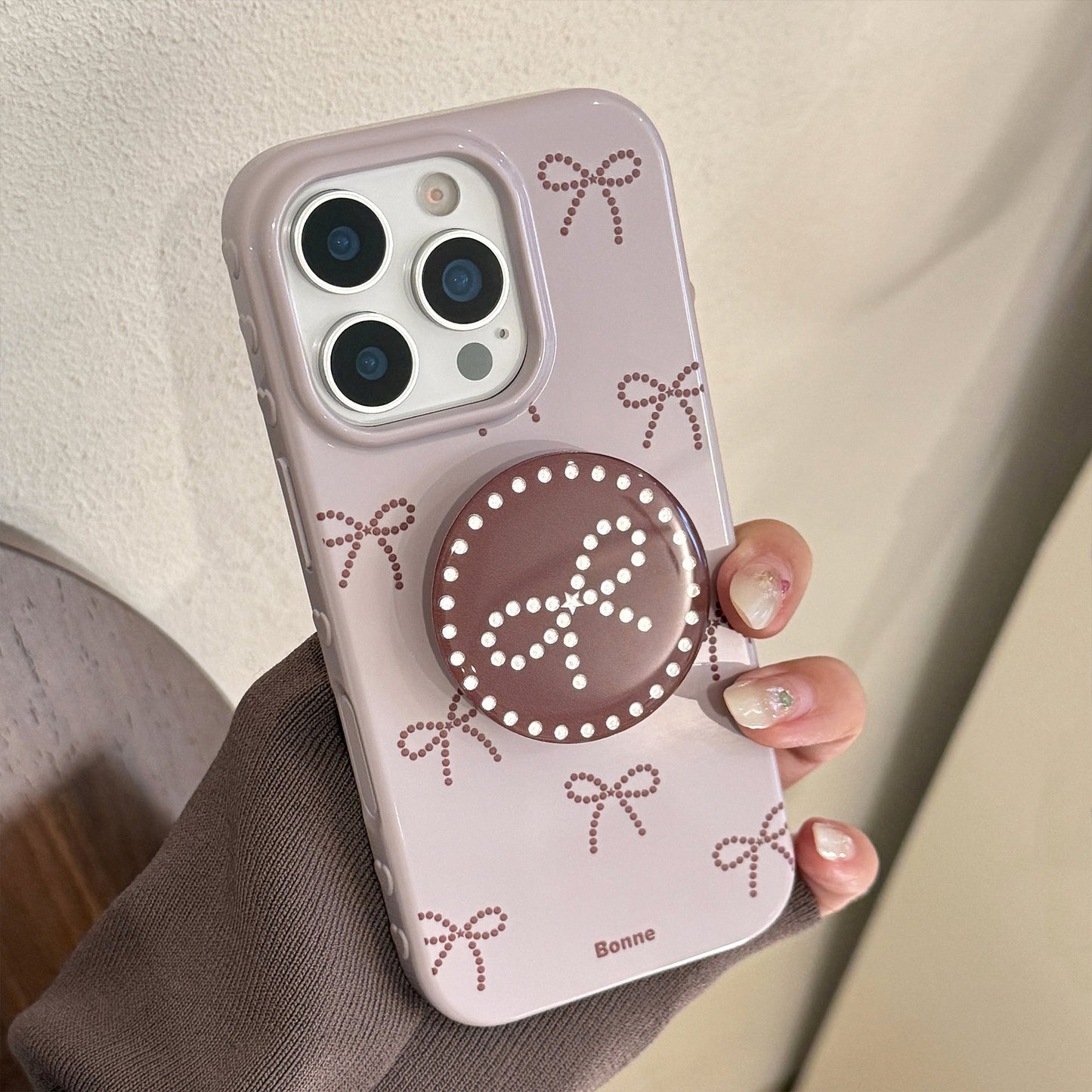 Funda de móvil ins viento lazo gris morado manzana 17pro max iphone15 adecuada para 14 soporte dorado 16 blando