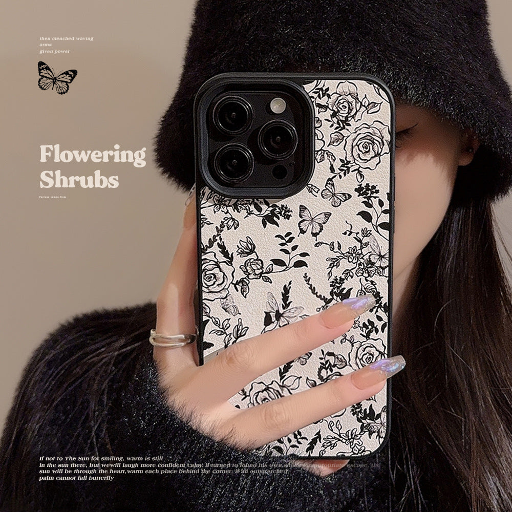 Temperament ins rose flower apple 15 mobile phone case 17pro max leather 11 for iPhone16 literature and art 12